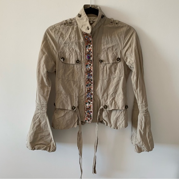 Exex taupe light military long sleeve jacket top size EU 40 Italy pockets belt - Picture 1 of 4